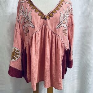 Easel Babydoll Top Gauzy Bohemian Pink Embroidered Women's L